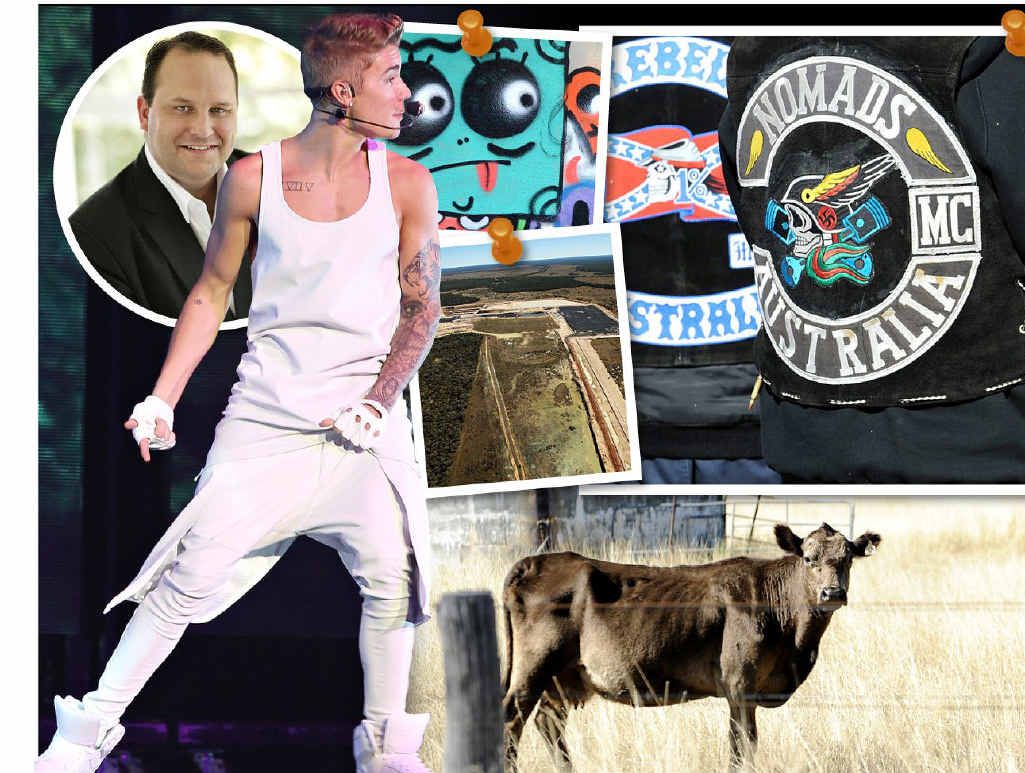 CLOCKWISE: Scott Driscoll, Justin Bieber and a graffiti session on the walls of the QT hotel in Surfers Paradise, bikies, live exports, and Galilee Basin. CLOCKWISE: Scott Driscoll, Justin Bieber and a graffiti session on the walls of the QT hotel in Surfers Paradise, bikies, live exports, and Galilee Basin.